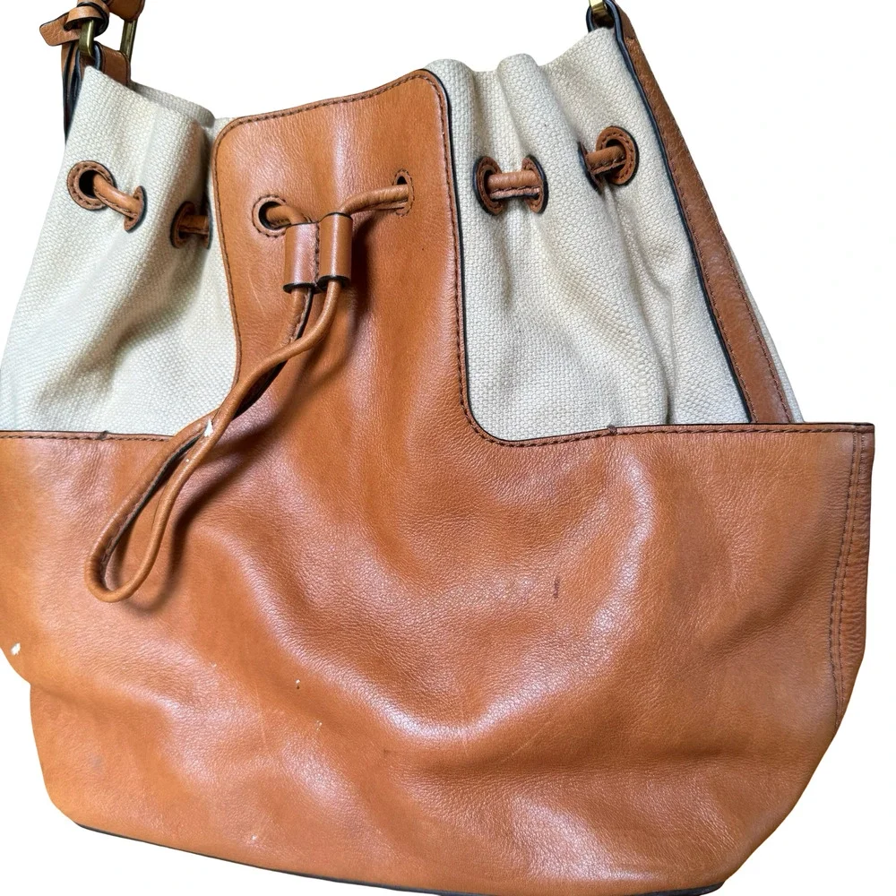 Fossil Leather & Canvas Tan Handbag Shoulder Bag Drawstring Bucket Purse 13x11x6